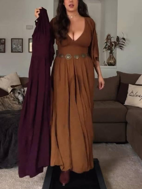 Aurohaya Vacation Style V-neck A- Line Maxi Dress (Belt Not Included) Orange Brown