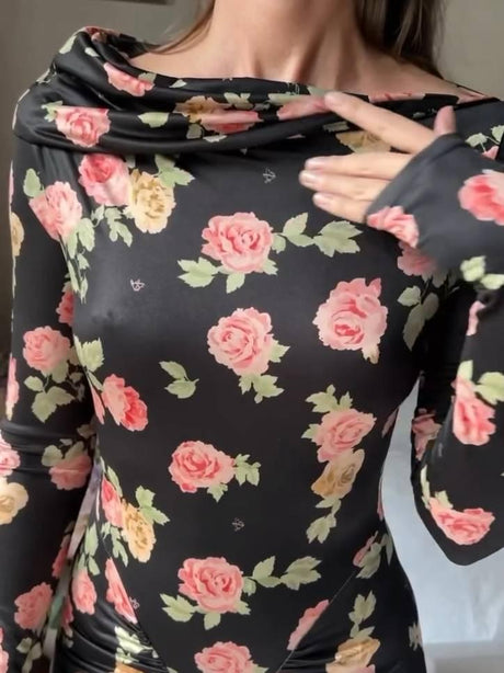 Aurohaya Distinctive Boat Neck Floral-Print Pleated Midi Dress