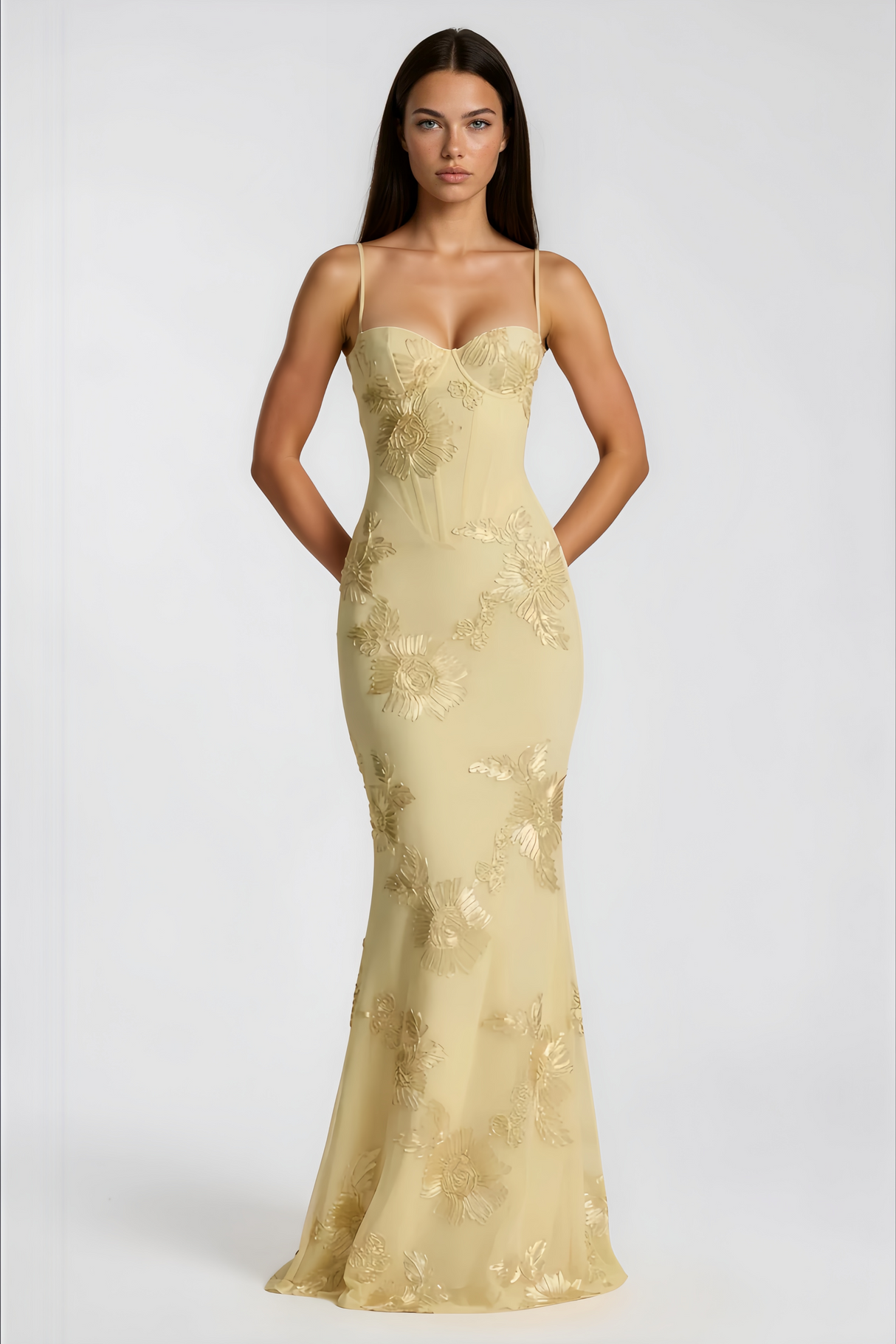Aurohaya Théoline Yellow Floral Appliqué Corset Maxi Dress