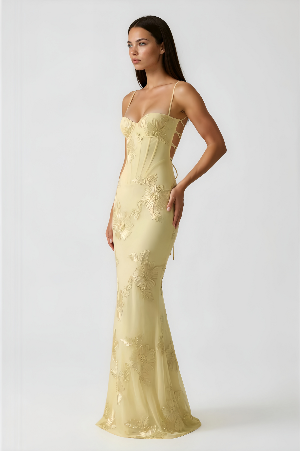 Aurohaya Théoline Yellow Floral Appliqué Corset Maxi Dress