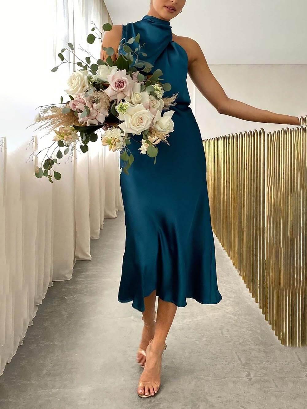Aurohaya Unique Bridesmaid Sleeveless High Neck Midi Dresses