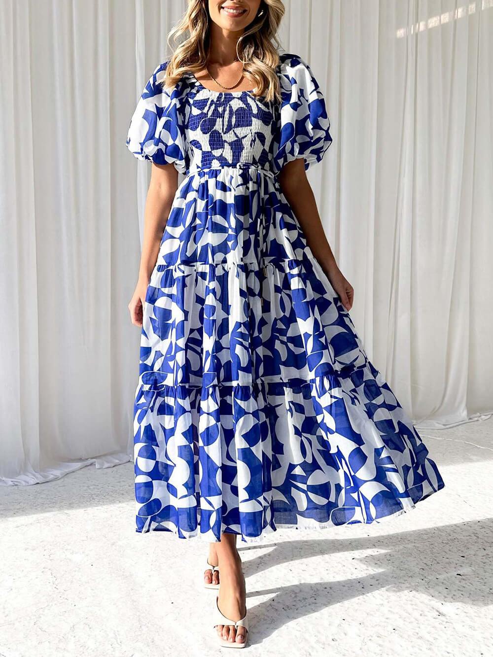 Aurohaya Unique Floral Print Patchwork Up Pleated Maxi Dress