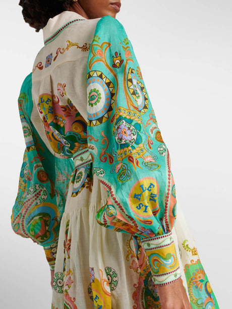 Aurohaya Unique Exquisite Fashion Print Puff Sleeve Tie Midi Dress
