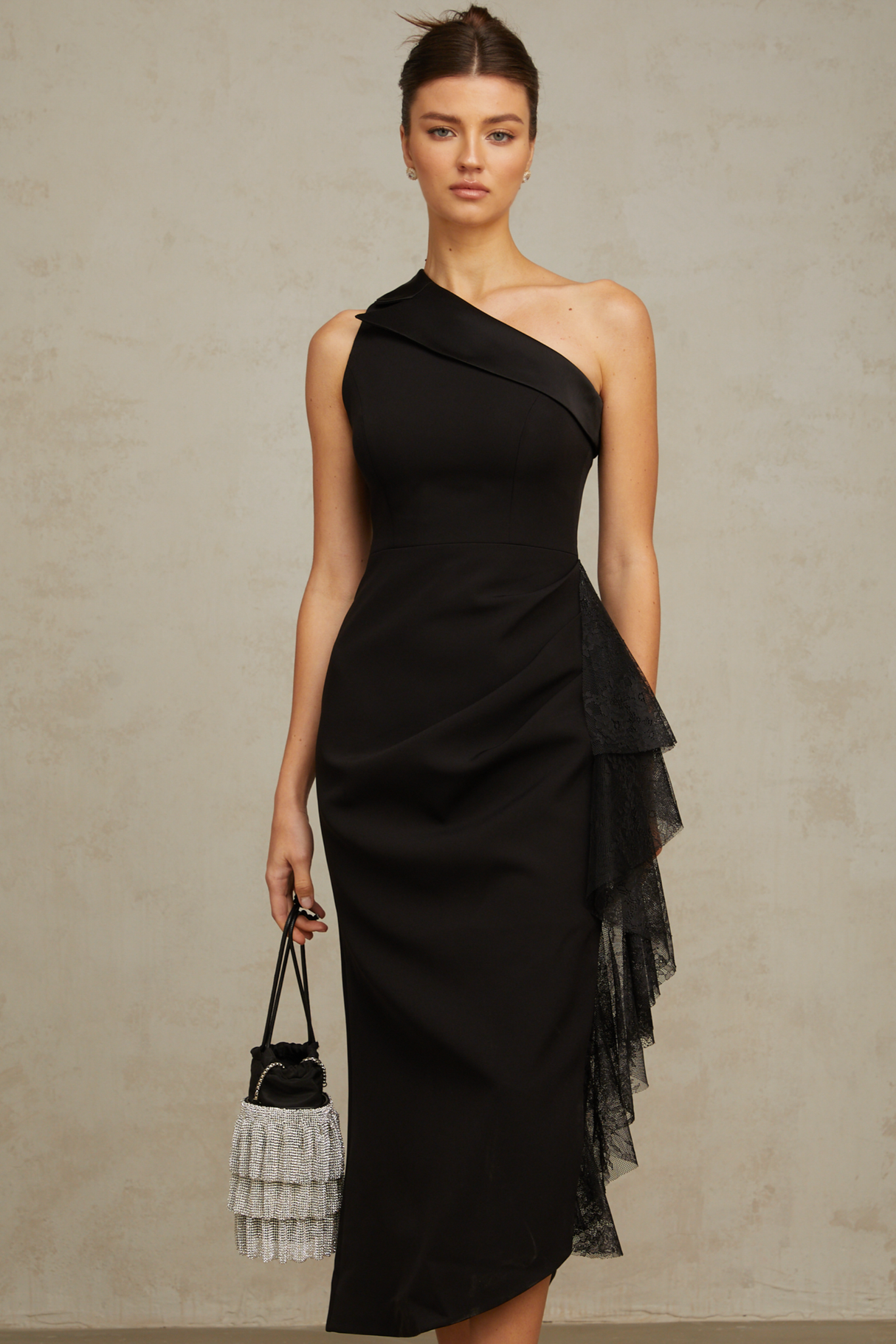 Aurohaya Bernadette black lace-panell asymmetrical midi dress