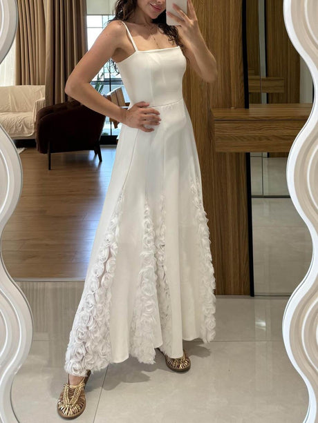 Aurohaya Elegant Rose Floral Applique Spaghetti Strap Midi Dress White