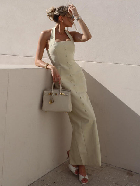 Aurohaya Fleur Halter Neck Button-Down Maxi Dress