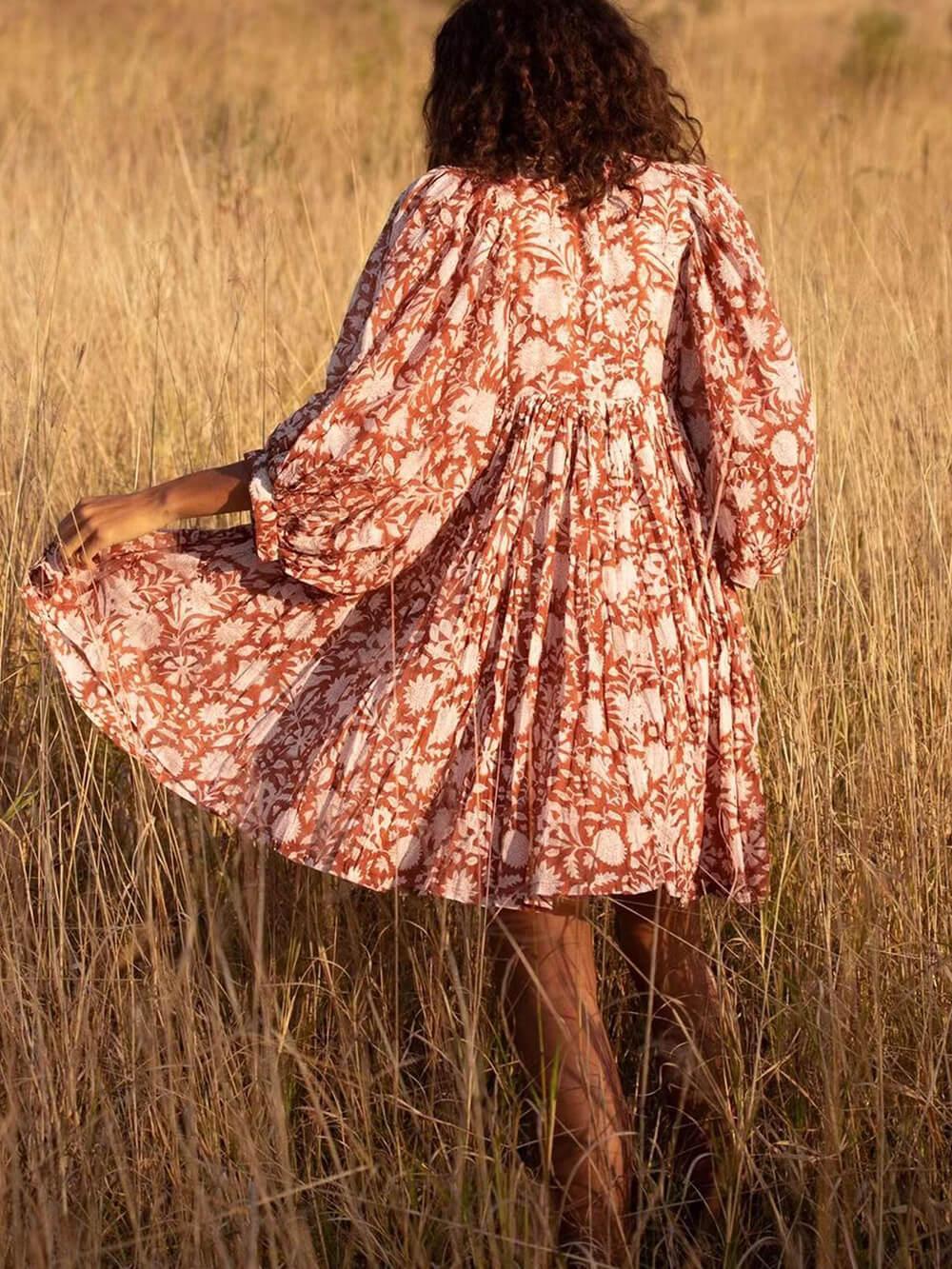 Aurohaya Vacation Retro Style Loose Printed Dress Orange