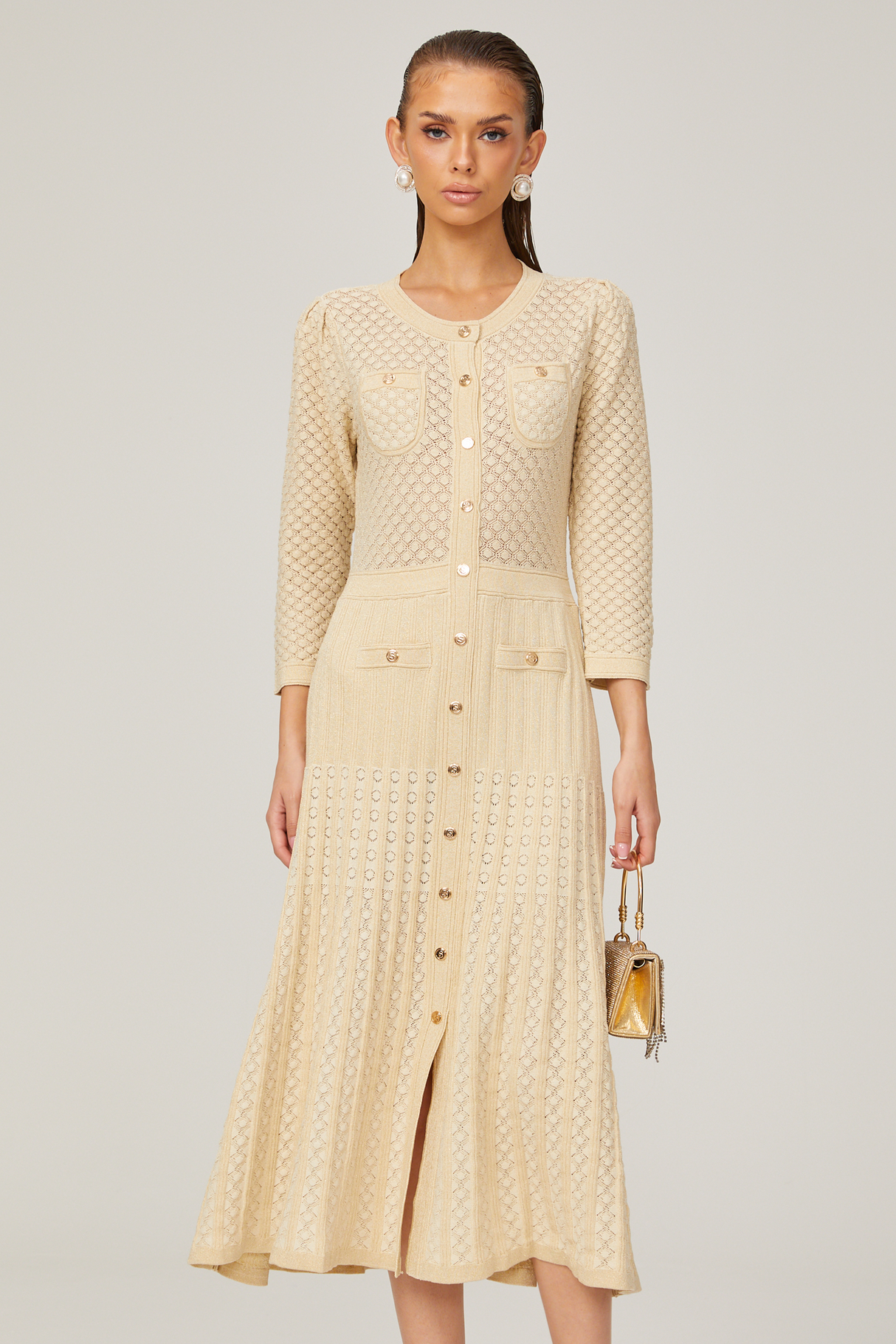 Aurohaya Élodie knitted long-sleeve midi dress in Neutrals