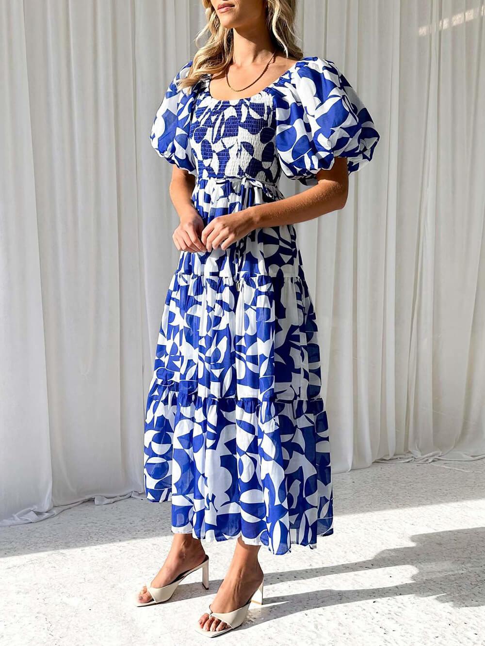 Aurohaya Unique Floral Print Patchwork Up Pleated Maxi Dress