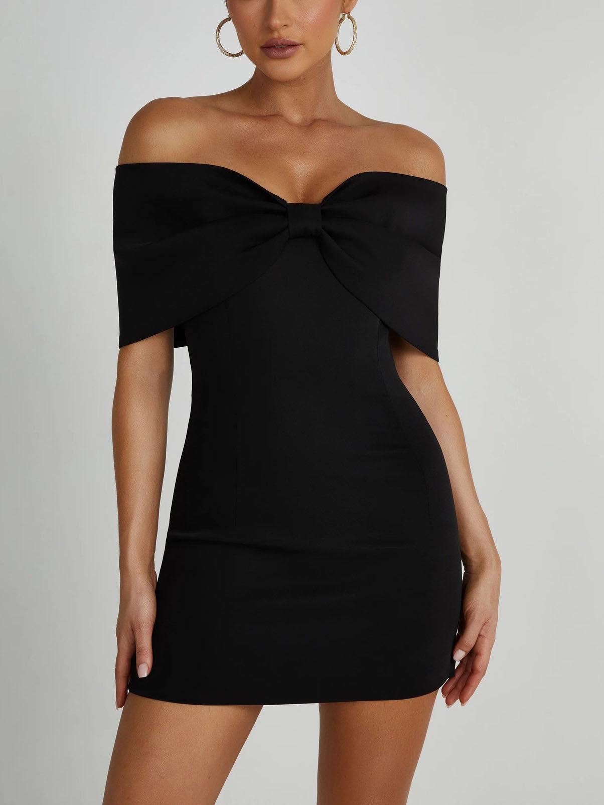 Aurohaya Elegant Off Shoulder Bow Mini Dress Black