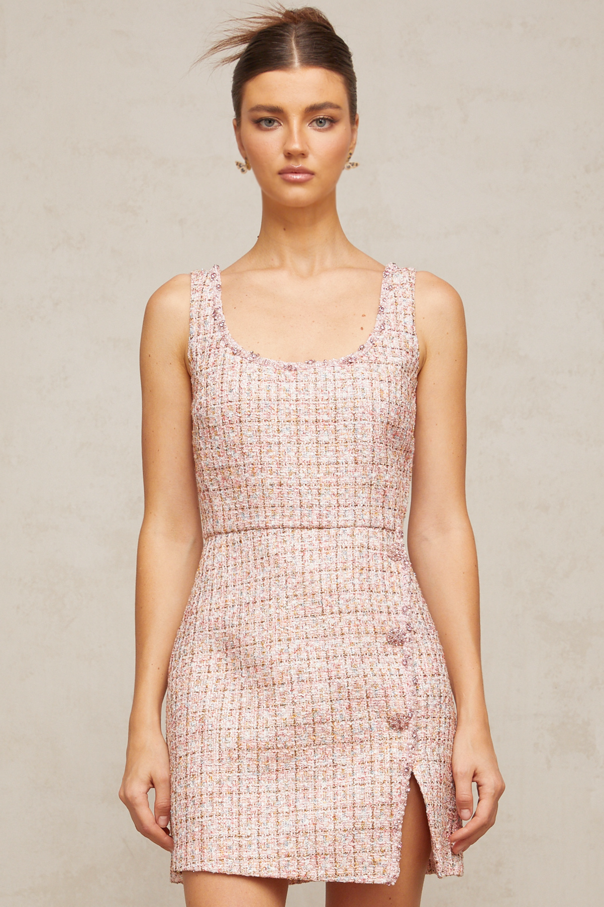 Aurohaya Aoife pink embellished tweed mini dress
