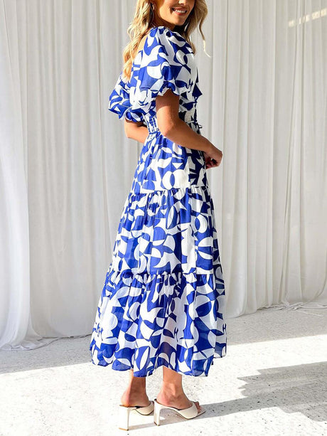 Aurohaya Unique Floral Print Patchwork Up Pleated Maxi Dress