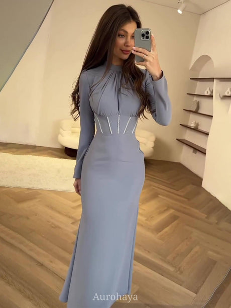 Aurohaya Satin Long Sleeve Ruched Tie-Waist Maxi Dress Gray