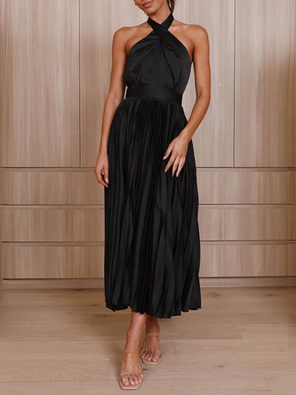 Aurohaya Neckline Pleated Vacation Party Midi Dresses Black