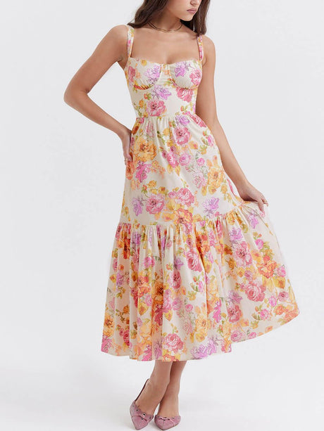 Aurohaya Strap A-Hem Floral Midi Dress