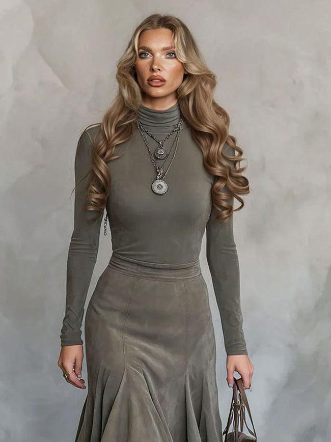 Aurohaya Retro Suede Irregular Midi Skirt Two-piece Set