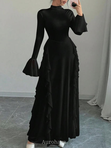 Aurohaya High-Collar Ruffle Splicing Flare-Sleeve Maxi Dress Black