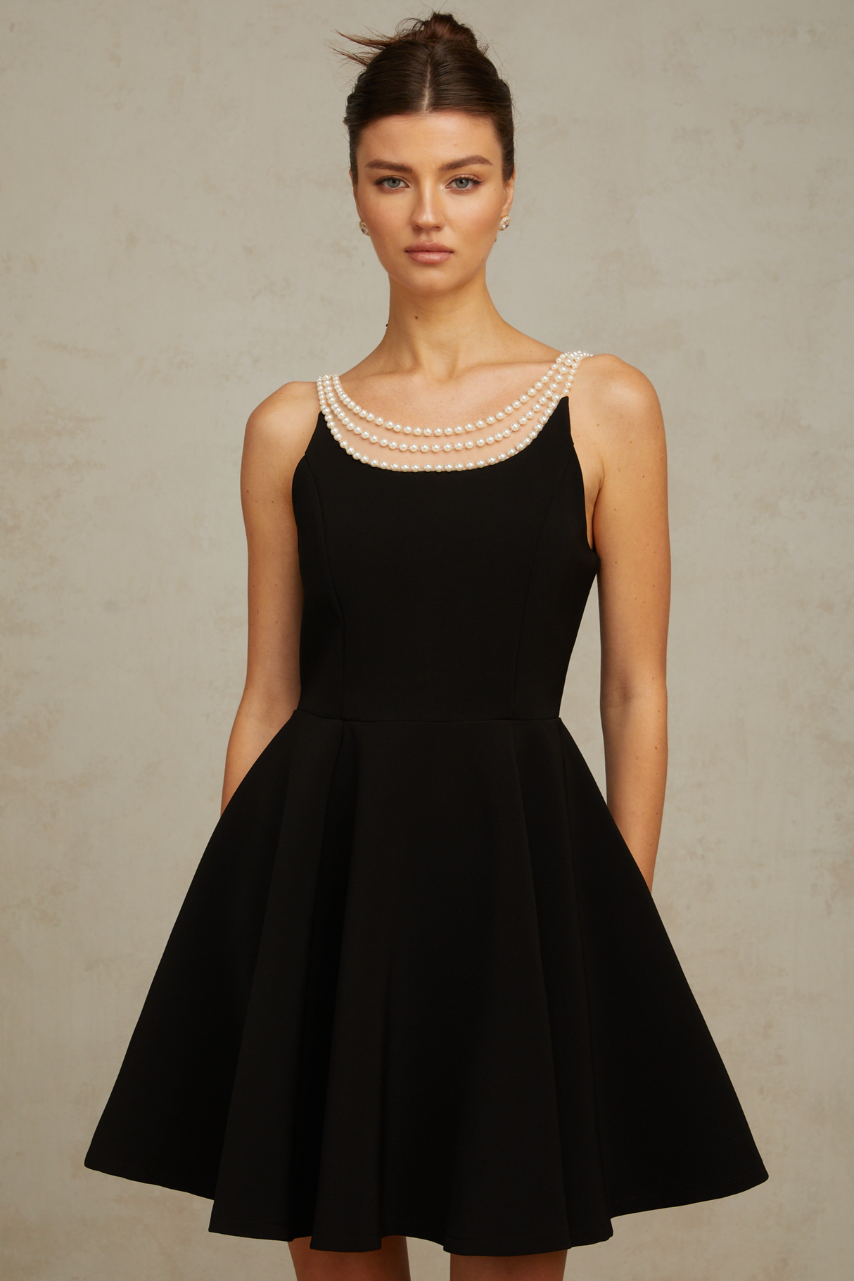 Aurohaya Danaé black faux-pearl-embellished mini dress