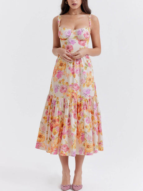 Aurohaya Strap A-Hem Floral Midi Dress