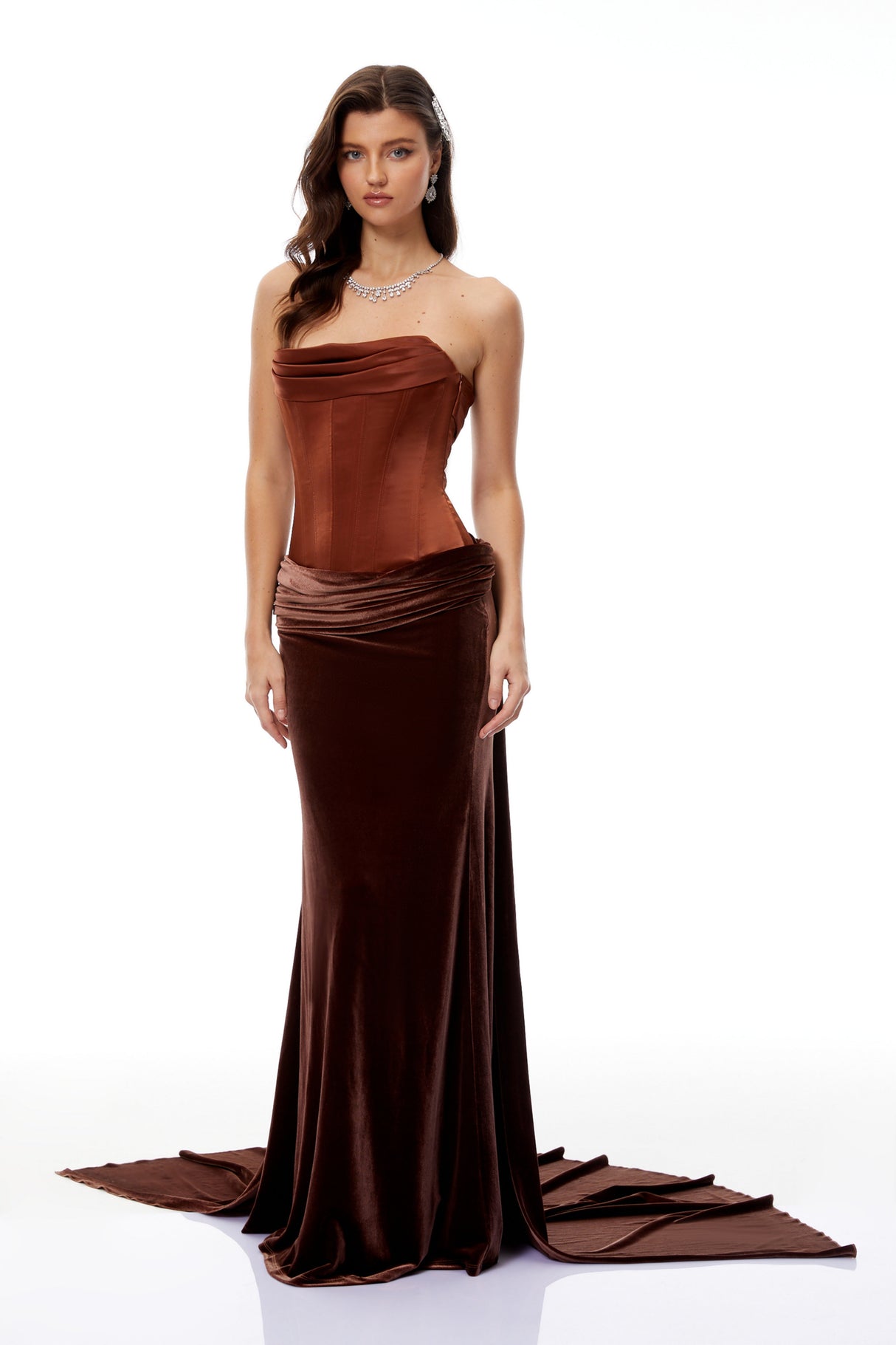 Aurohaya Zoé Brown Strapless Velvet Corset Maxi Gown