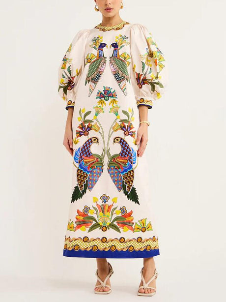 Aurohaya Exquisite And Fun Printed Puff Sleeves Loose Casual Midi Dress