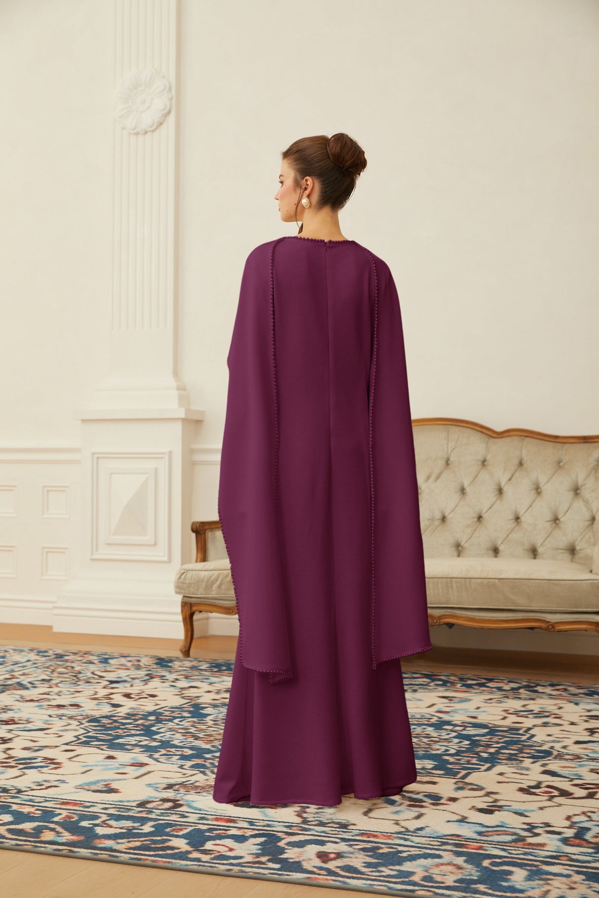 Aurohaya Piroska Purple Pearl Trim Shawl Detail Maxi Dress