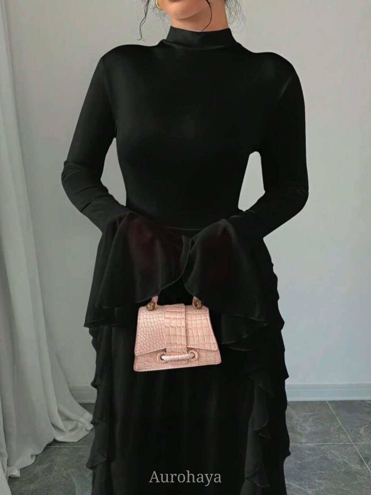 Aurohaya High-Collar Ruffle Splicing Flare-Sleeve Maxi Dress