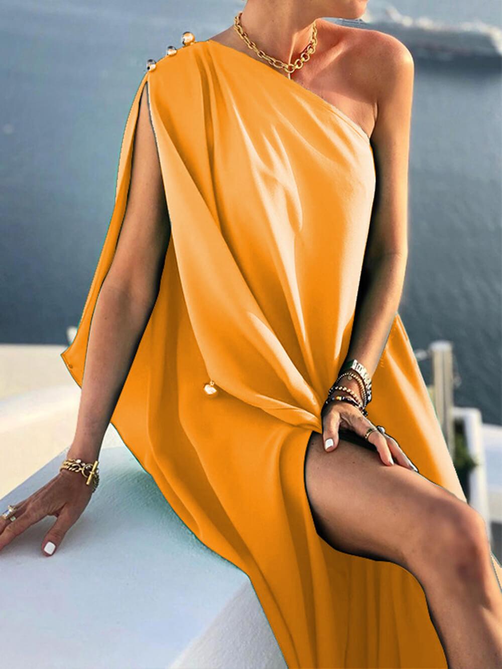 Aurohaya Fashionable Solid Color Loose One Shoulder Maxi Dress