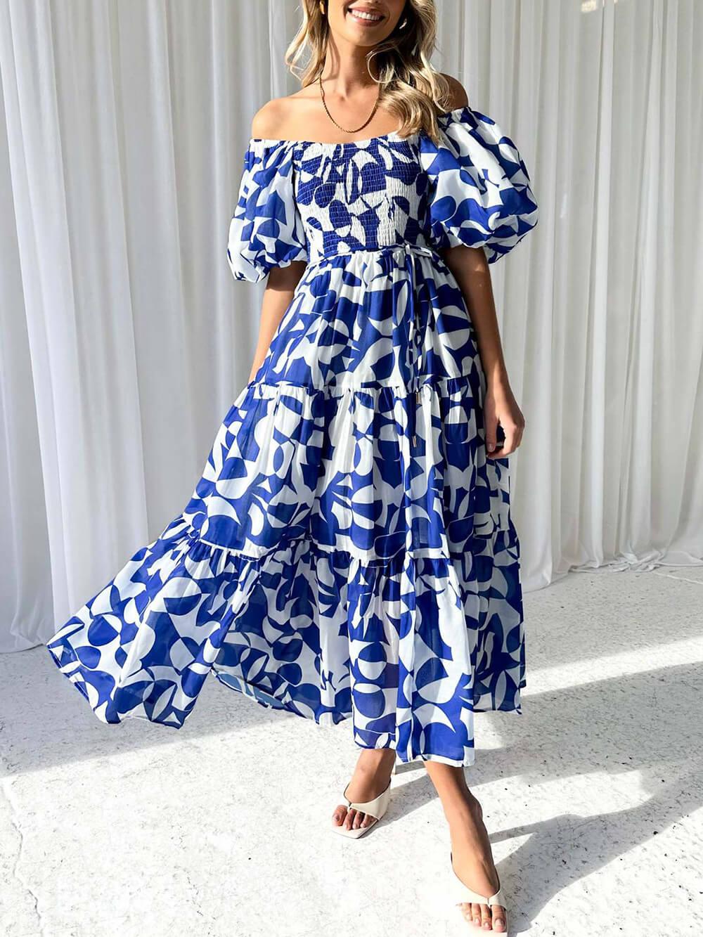 Aurohaya Unique Floral Print Patchwork Up Pleated Maxi Dress Dark Bule