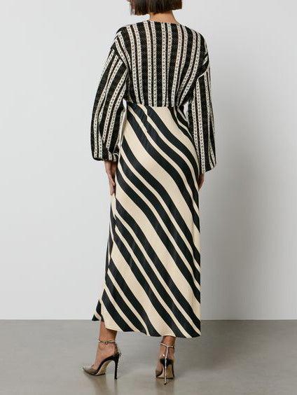 Aurohaya Unique Deep V-Neck Irregular Striped Midi Dress