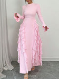 High-Collar Ruffle Splicing Flare-Sleeve Maxi Dress
