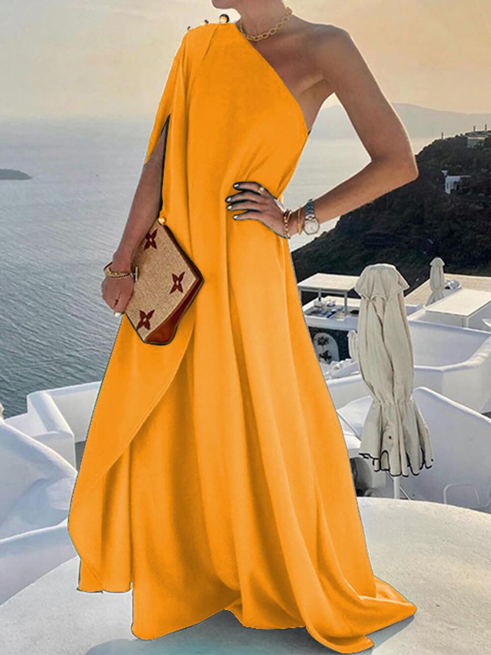 Aurohaya Fashionable Solid Color Loose One Shoulder Maxi Dress Yellow