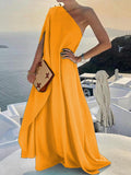 Aurohaya Fashionable Solid Color Loose One Shoulder Maxi Dress Yellow