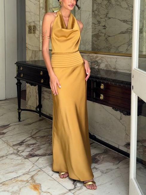 Aurohaya Elegant Chic Halter Neck Satin Party Maxi Dress Yellow