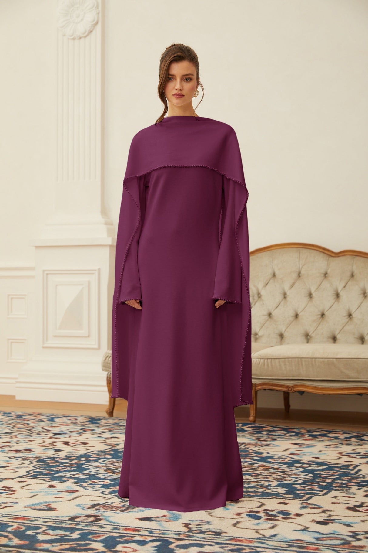 Aurohaya Piroska Purple Pearl Trim Shawl Detail Maxi Dress