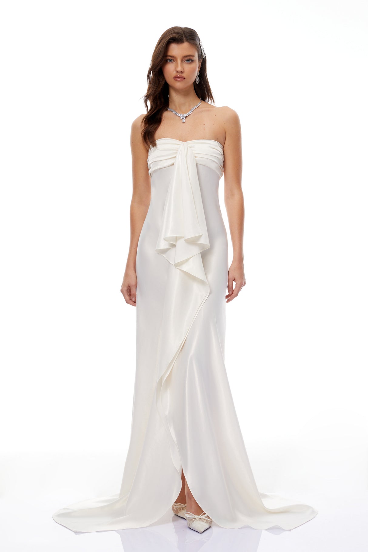 Aurohaya Lilla Beige Strapless Ruffled Satin Maxi Dress