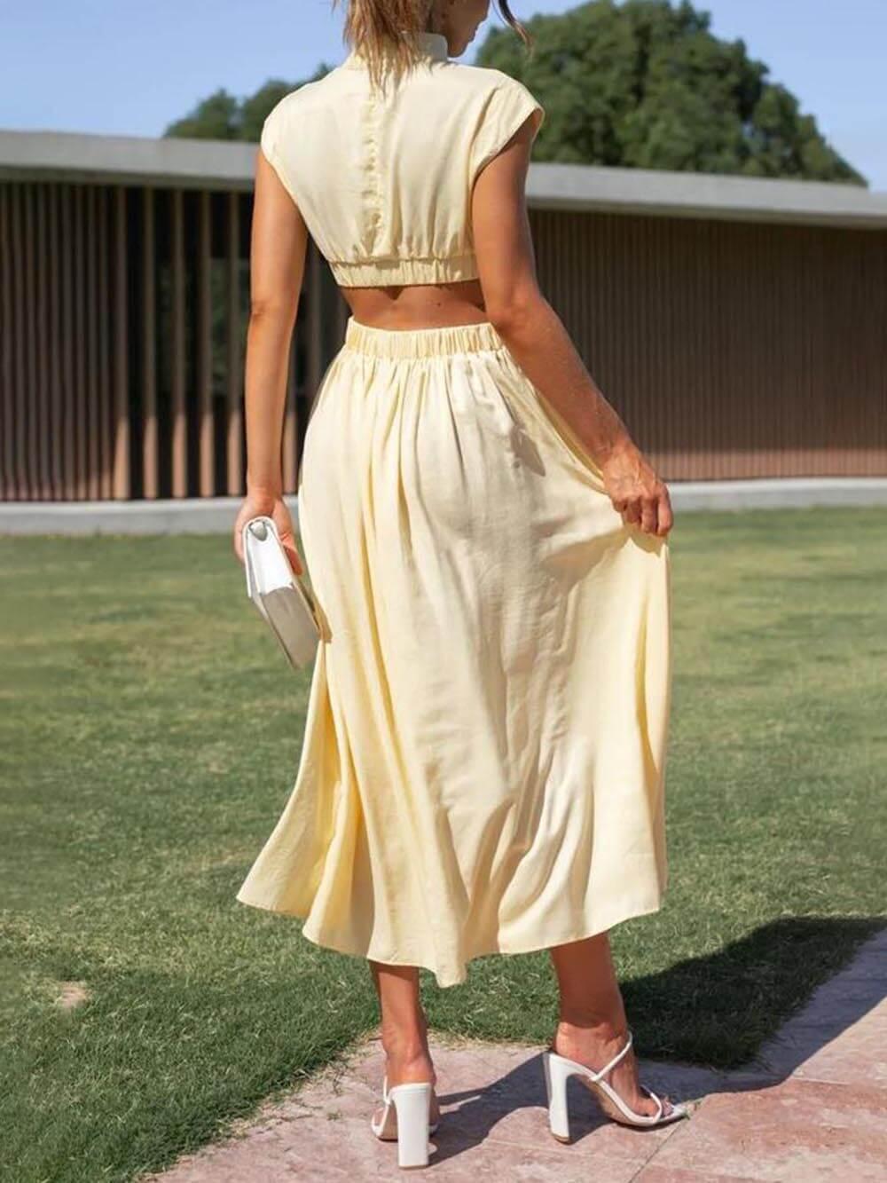 Aurohaya Cutout Waist Pocketed Vacation Midi Dress