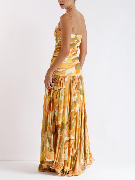 Aurohaya Elegant Abstract Print Suspender Pleated Flowy Maxi Dress