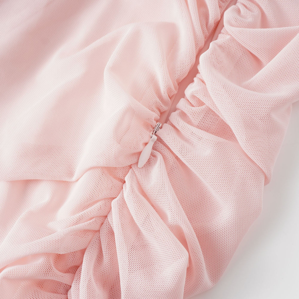 Aurohaya Garance Pink Asymmetrical Ruched Mesh Maxi Dress