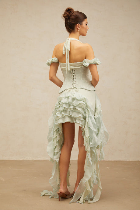 Aurohaya Patricia green floral-appliqué asymmetrical ruffled mini dress