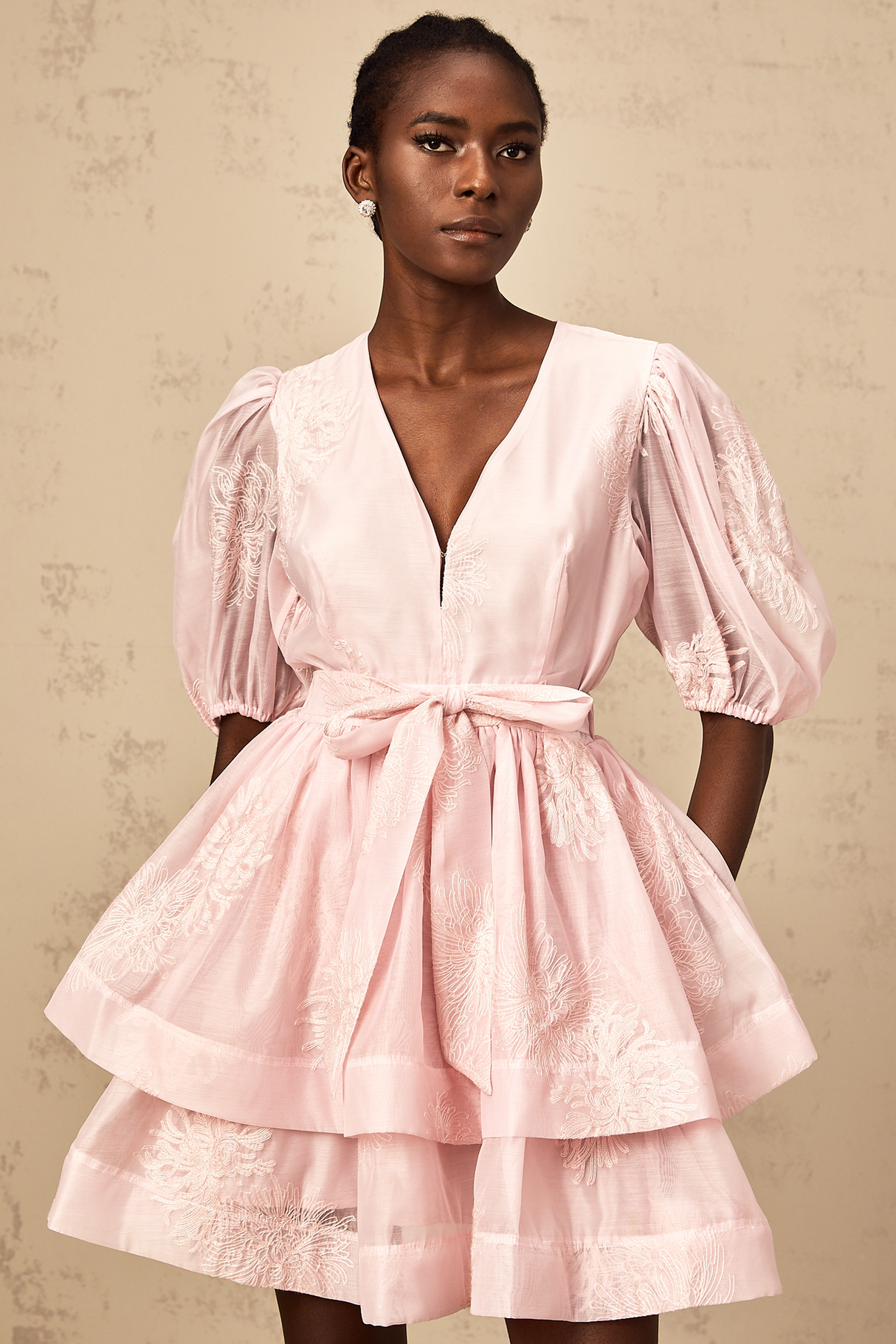 Aurohaya Florence pink floral-embroidered layered mini dress
