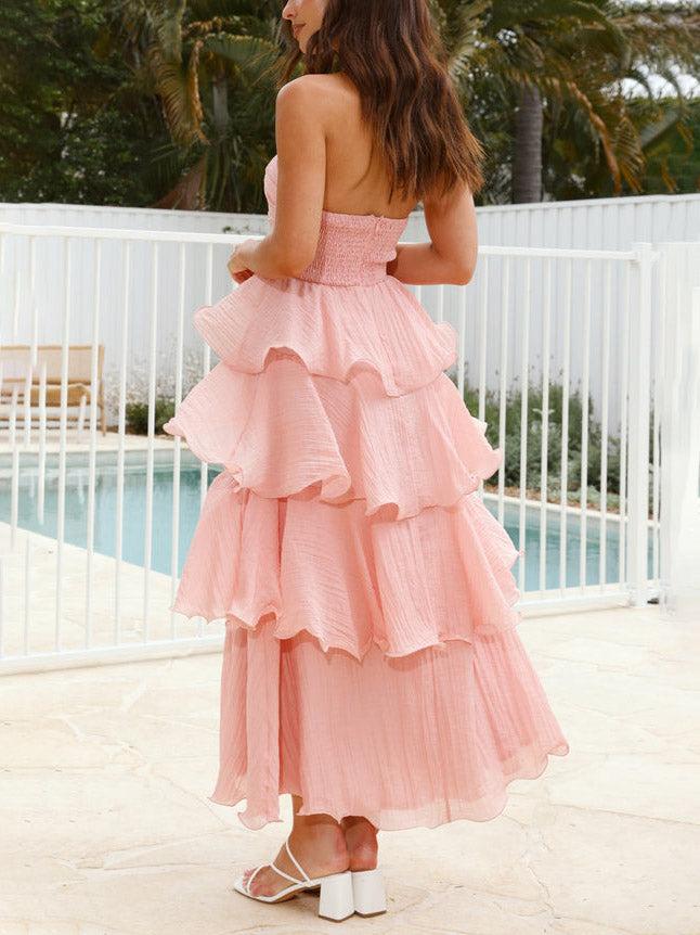 Aurohaya Elegant Strapless Backless Cake Midi Dress