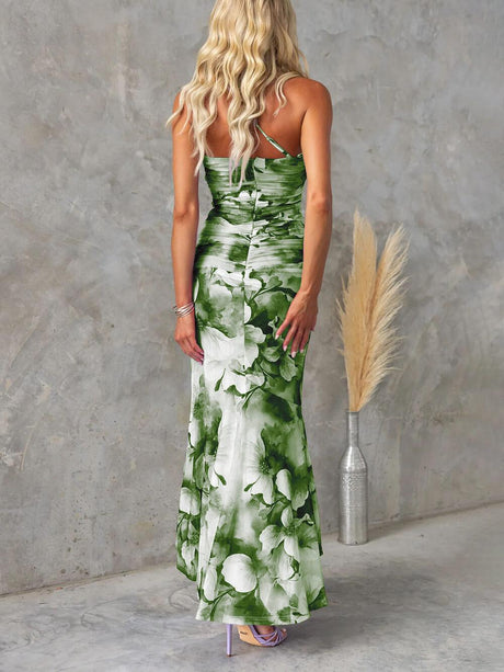 Aurohaya Beautiful Casual Off-Shoulder Floral Print Elastic Slim Irregular Maxi Dress