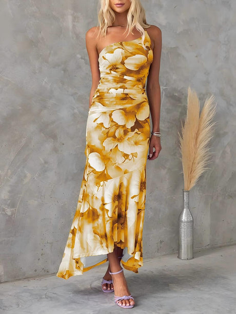Aurohaya Beautiful Casual Off-Shoulder Floral Print Elastic Slim Irregular Maxi Dress Yellow