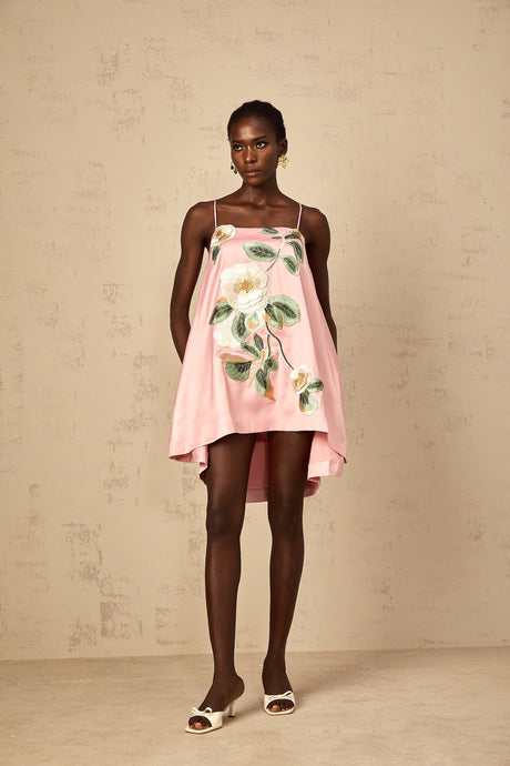 Aurohaya Avril Pink Floral Embroidered Satin Mini Dress