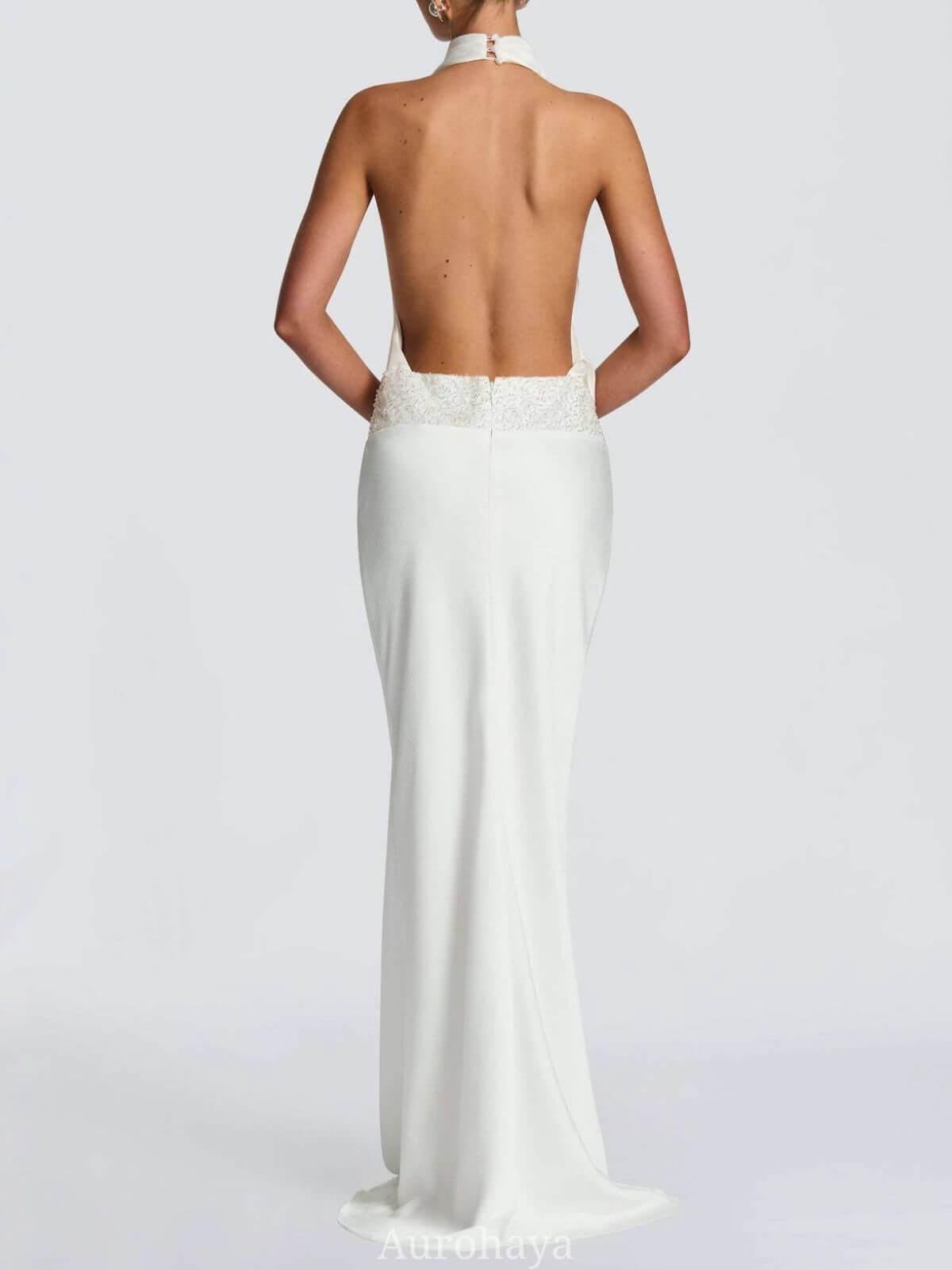 Aurohaya Camille Backless Sequin Satin Maxi Dress