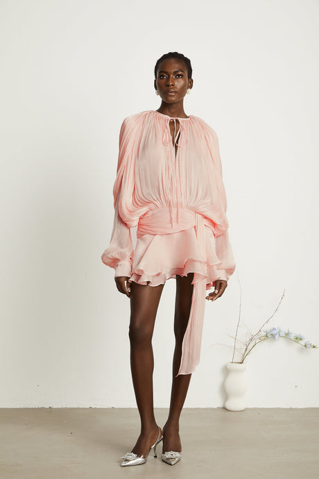 Aurohaya Eugénie Pink Fully Pleated Ruffled Mini Dress