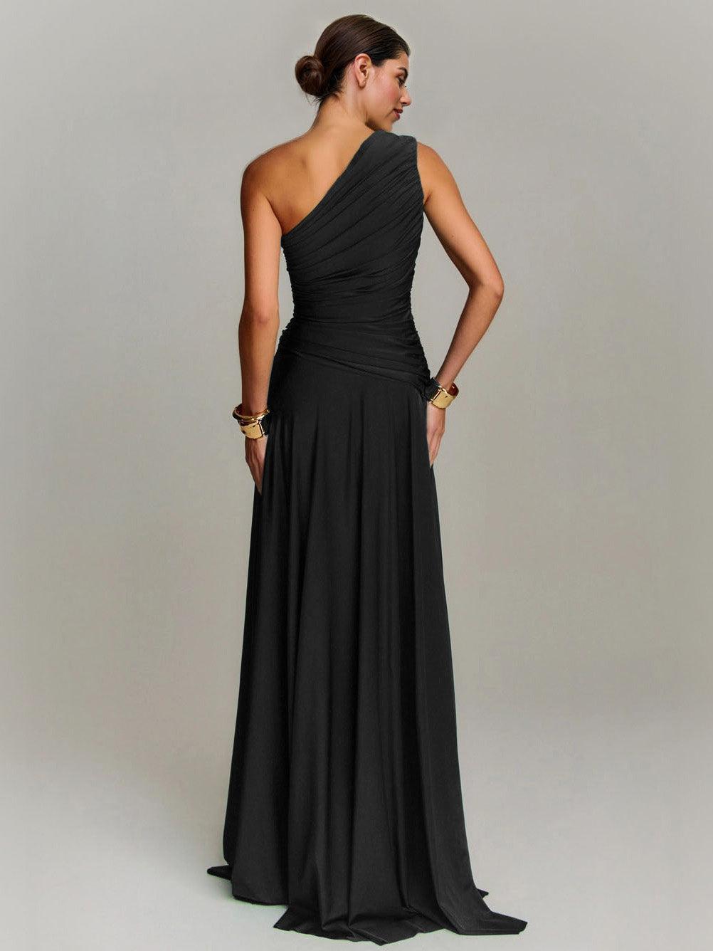 Aurohaya Elegant Draped One Shoulder Cocktail Maxi Dress