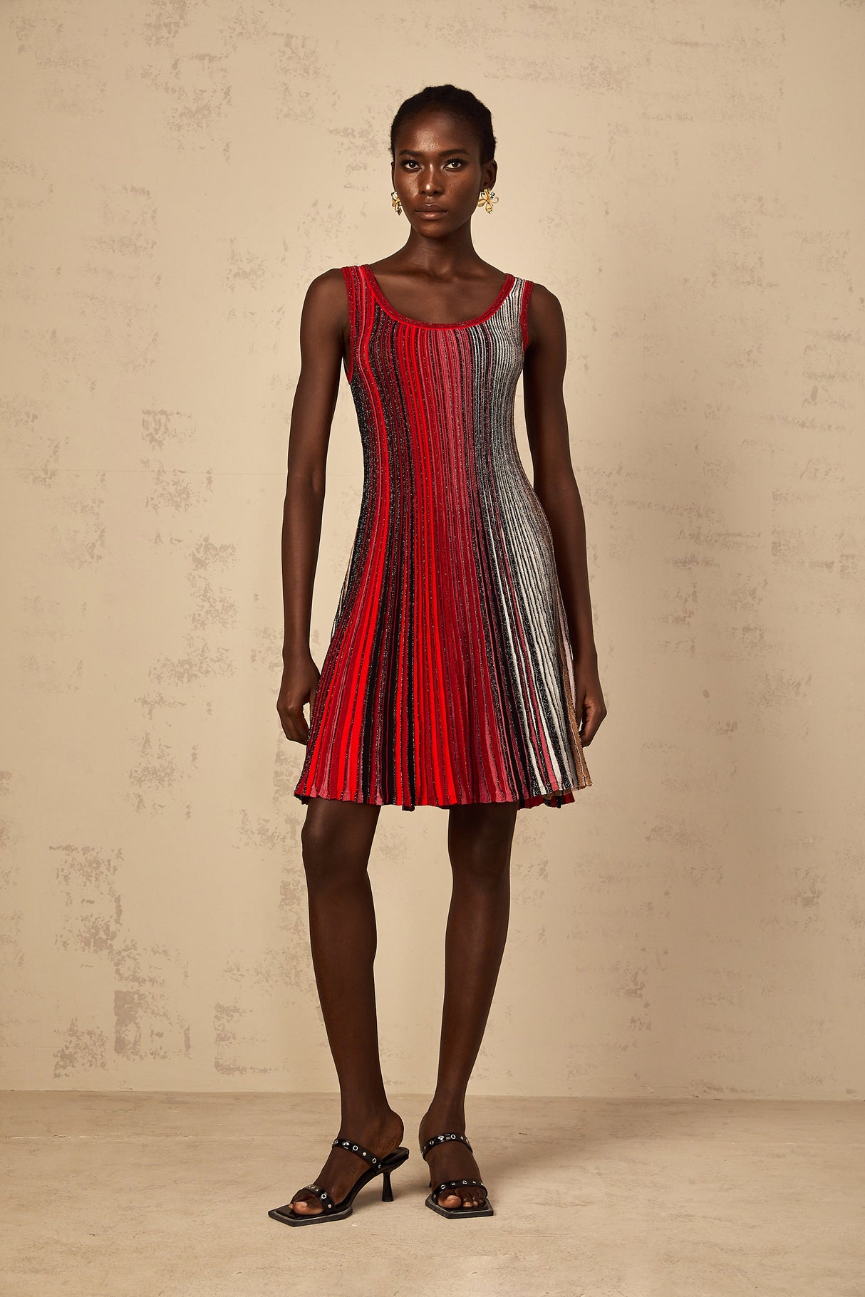Aurohaya Amaryllis Red Sequin Striped Knit Mini Dress