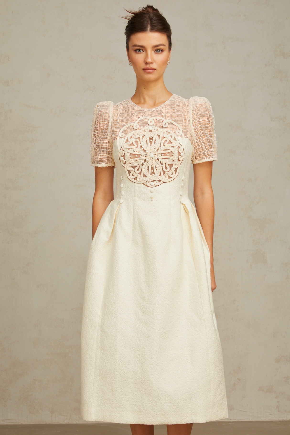 Aurohaya Camille white braid panelled midi dress